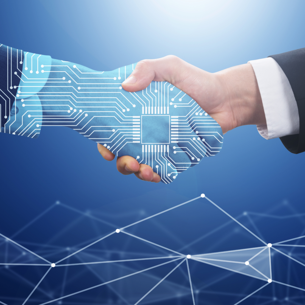 A man's hand is meeting and shaking hand with imaginary online marketing